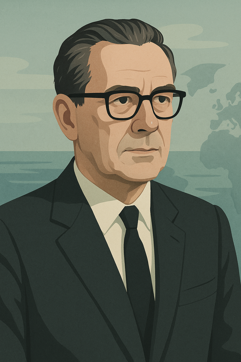 Kunstnerisk portrett av Jens Evensen i dress med hav og verdenskart i bakgrunnen